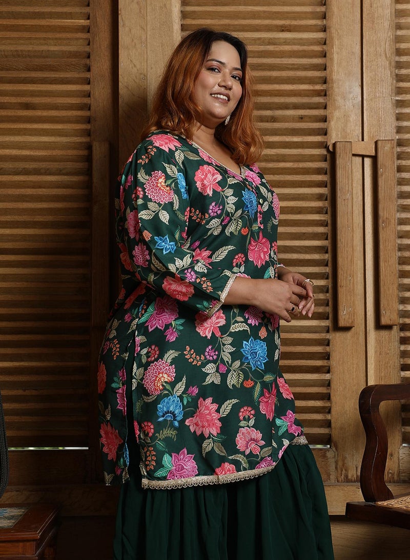 Instafab Plus Women's Emerald Green Botanical Cluster Kurti With Sharara & Dupatta  - Image 4