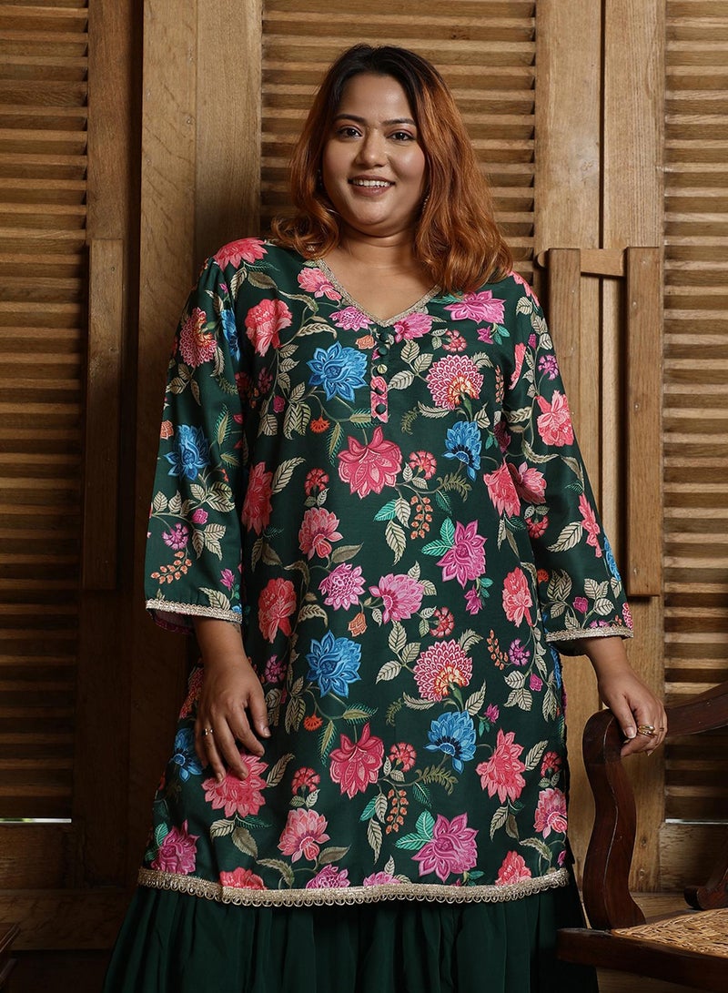 Instafab Plus Women's Emerald Green Botanical Cluster Kurti With Sharara & Dupatta  - Image 2