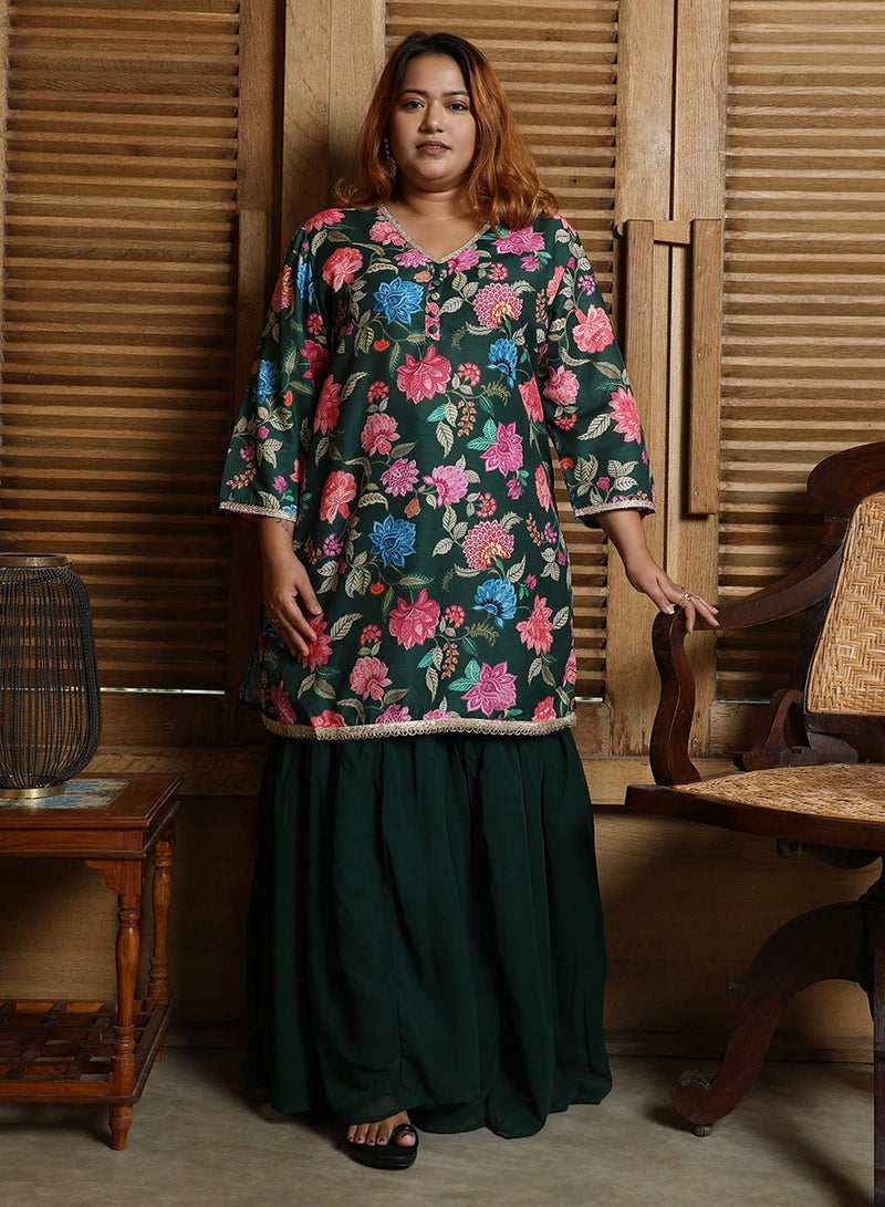 Instafab Plus Women's Emerald Green Botanical Cluster Kurti With Sharara & Dupatta  - Image 5