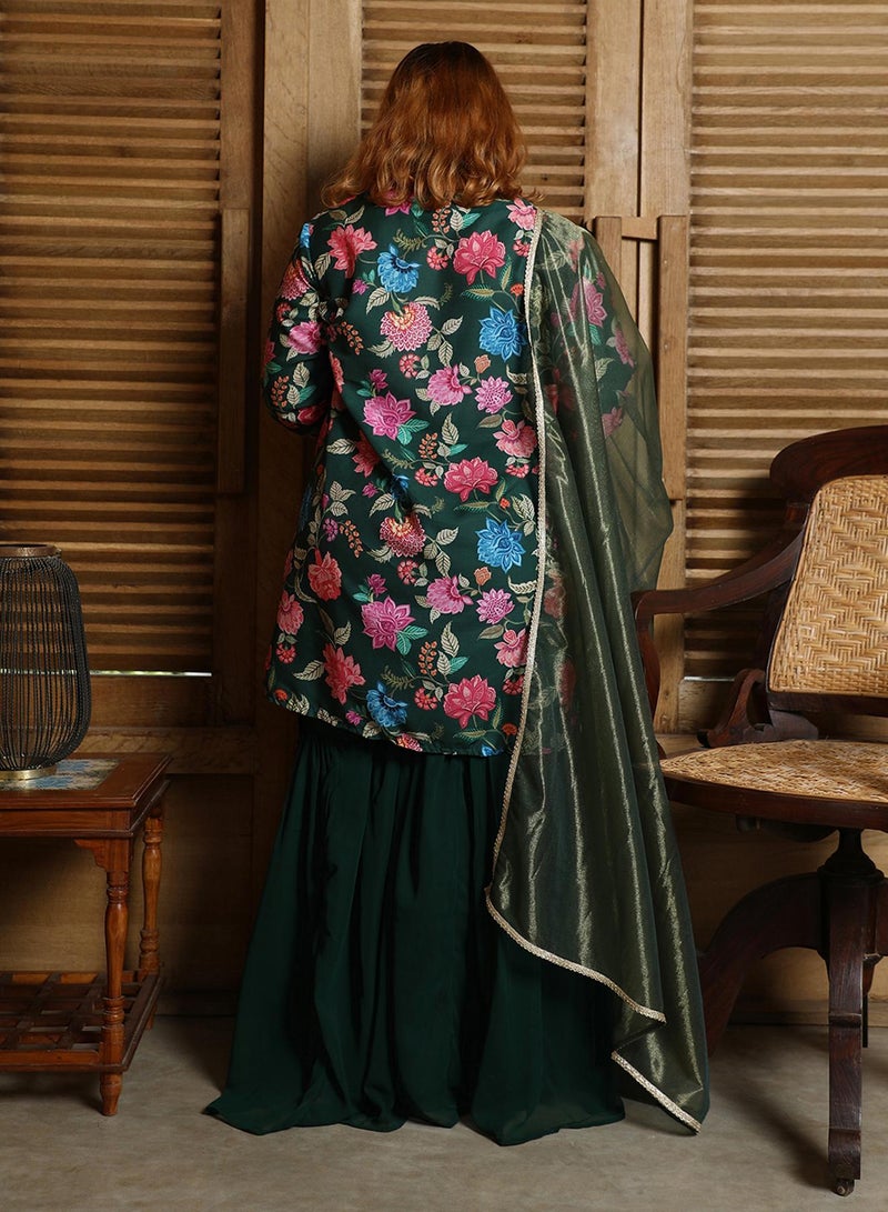 Instafab Plus Women's Emerald Green Botanical Cluster Kurti With Sharara & Dupatta  - Image 3