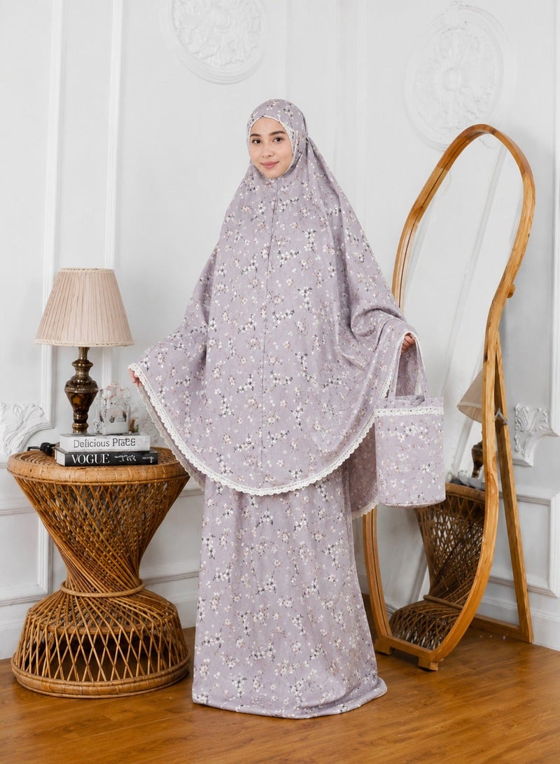 Linda Hijab Premium Grey Floral Prayer Dress for Girls – 2-Piece Mukena Set with Matching Bag – Breathable Cotton Modest Prayer Abaya - Image 1