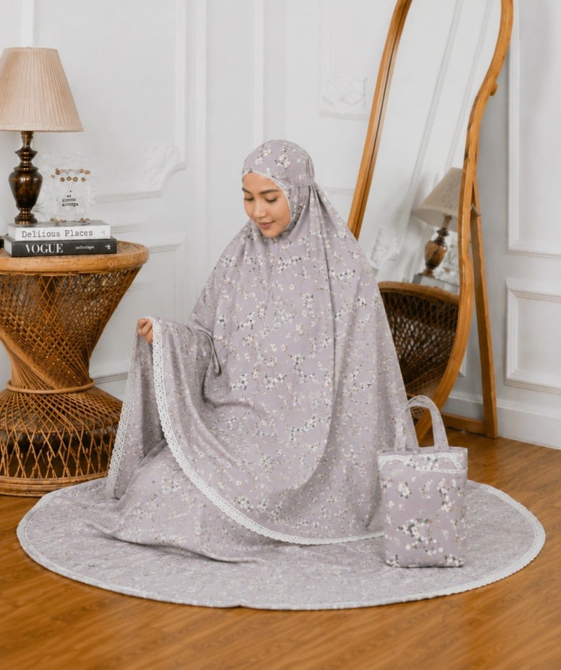 Linda Hijab Premium Grey Floral Prayer Dress for Girls – 2-Piece Mukena Set with Matching Bag – Breathable Cotton Modest Prayer Abaya - Image 4