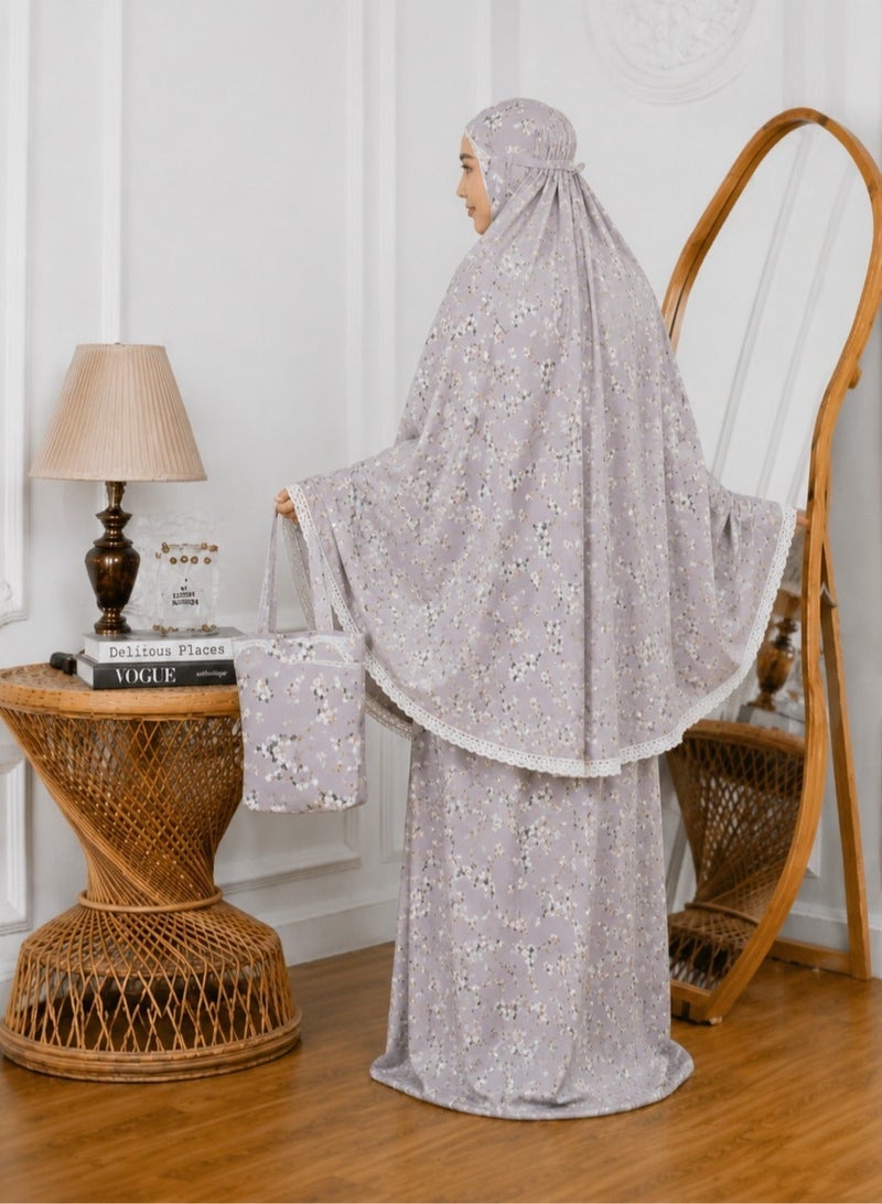 Linda Hijab Premium Grey Floral Prayer Dress for Girls – 2-Piece Mukena Set with Matching Bag – Breathable Cotton Modest Prayer Abaya - Image 2