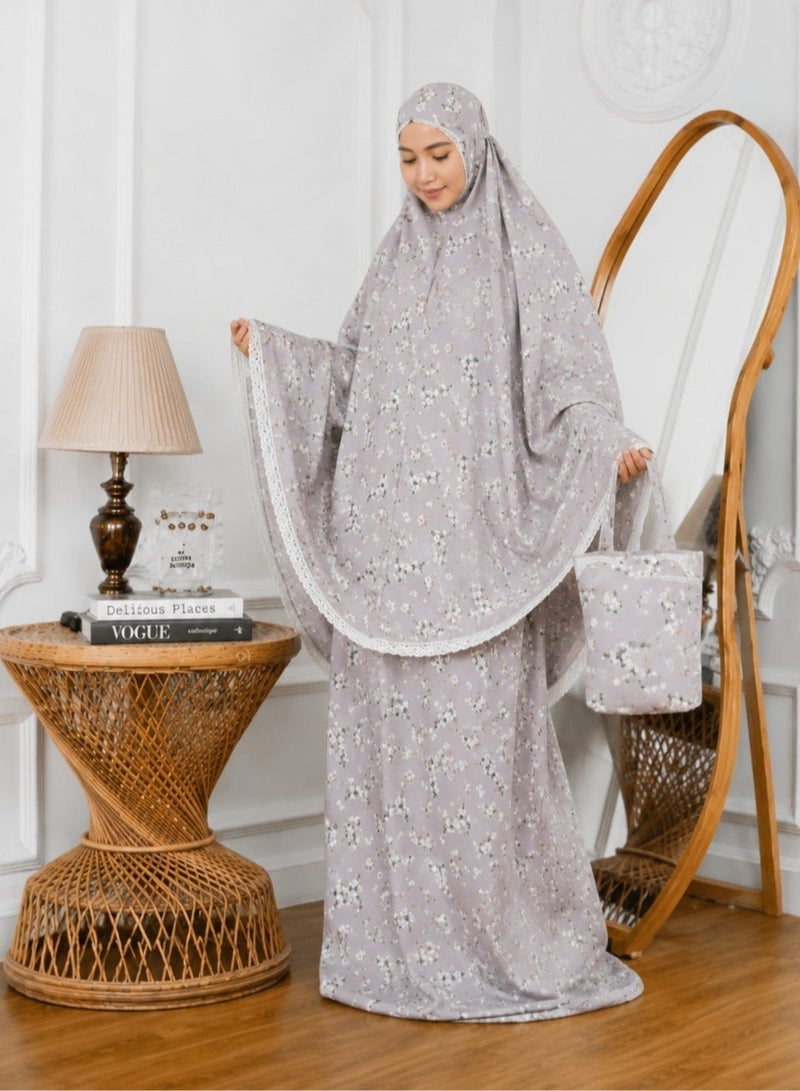 Linda Hijab Premium Grey Floral Prayer Dress for Girls – 2-Piece Mukena Set with Matching Bag – Breathable Cotton Modest Prayer Abaya - Image 3