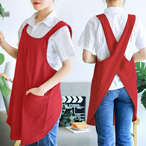 NEWGEM Japanese Linen Cross Back Kitchen Cooking Aprons for Men with Pockets for Baking Painting Gardening Cleaning Dark Red - Image 3