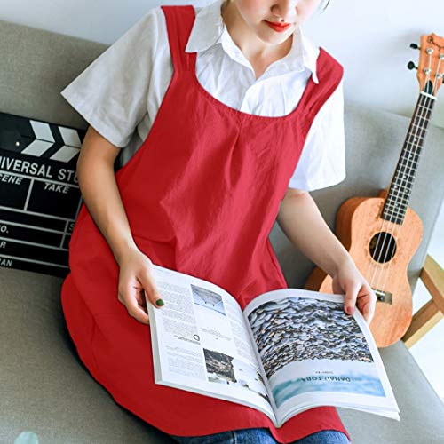 NEWGEM Japanese Linen Cross Back Kitchen Cooking Aprons for Men with Pockets for Baking Painting Gardening Cleaning Dark Red - Image 2
