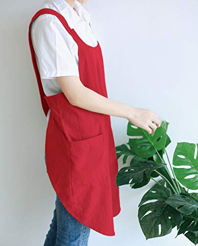 NEWGEM Japanese Linen Cross Back Kitchen Cooking Aprons for Men with Pockets for Baking Painting Gardening Cleaning Dark Red - Image 4