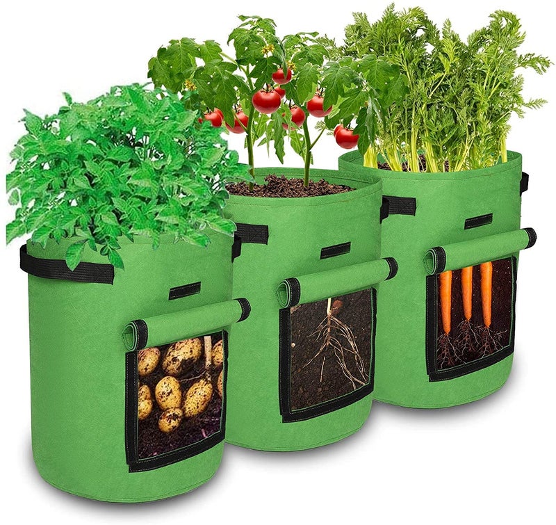 GREENSHEEP Non Woven Geo Fabric 400 GSM Potato Grow Bags with Flap, Planter Pot with Handles and Harvest Window for Vegetables, Green, Pack of 3, (12.5x13.6inch) - Image 1