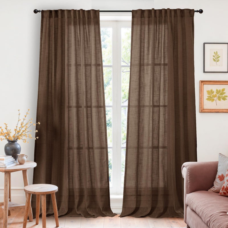YoungsTex Brown Linen Curtains 84 Inch Length for Living Room - Chocolate Light Filtering Drapes Semi Sheer with Rod Pocket Back Tab for Bedroom, 2 Panels, 52 X 84 Inch - Image 1