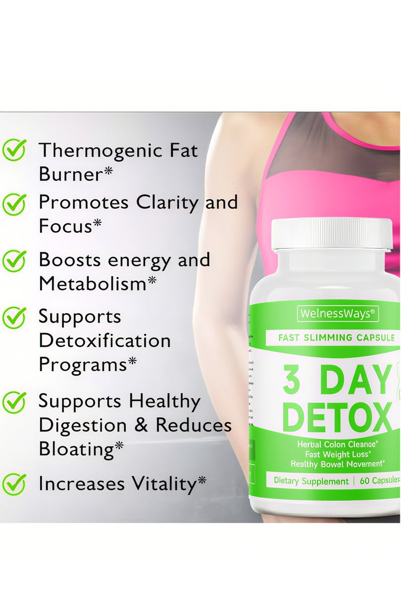 WelnessWays 3-Day Fast-Acting Detox & Slimming Capsules | Herbal Colon Cleanse + Rapid Fat Burning | 60 Capsules Dietary Supplement - Image 2
