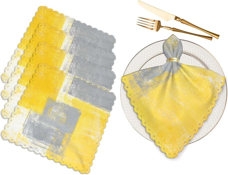Yibeas Grey Yellow Graffiti Cloth Table Napkins Set of 4 Modern Simple Art Painting Polyester Washable Decoration Dinner Napkins for Kitchen 18 x 18 inch - Image 1