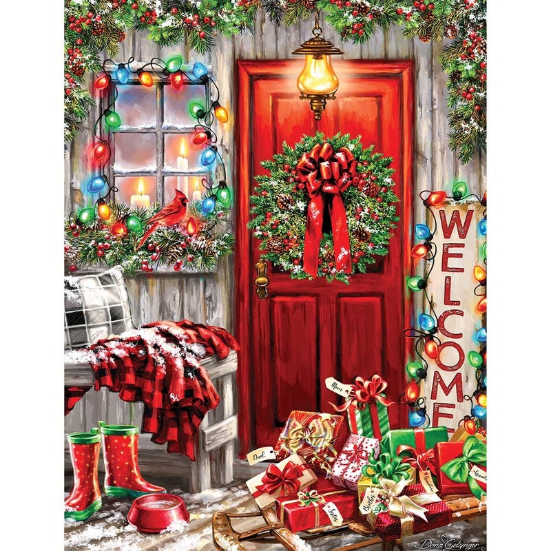 Springbok Home for The Holidays 500 Piece Jigsaw Puzzle Colorful Illustration of Red Cabin Door Decorated for The Holidays - Image 2