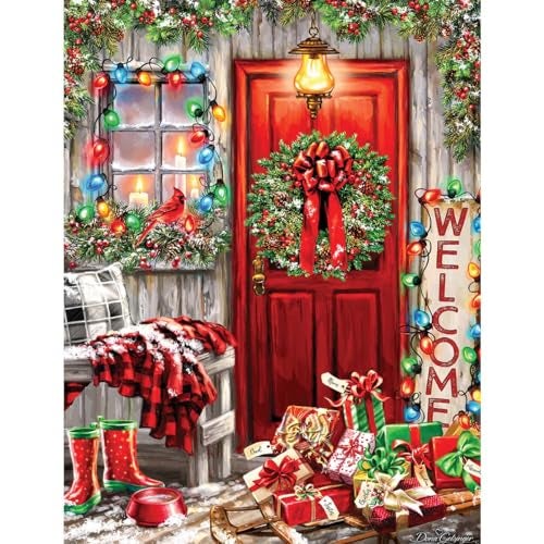 Springbok Home for The Holidays 500 Piece Jigsaw Puzzle Colorful Illustration of Red Cabin Door Decorated for The Holidays - Image 1