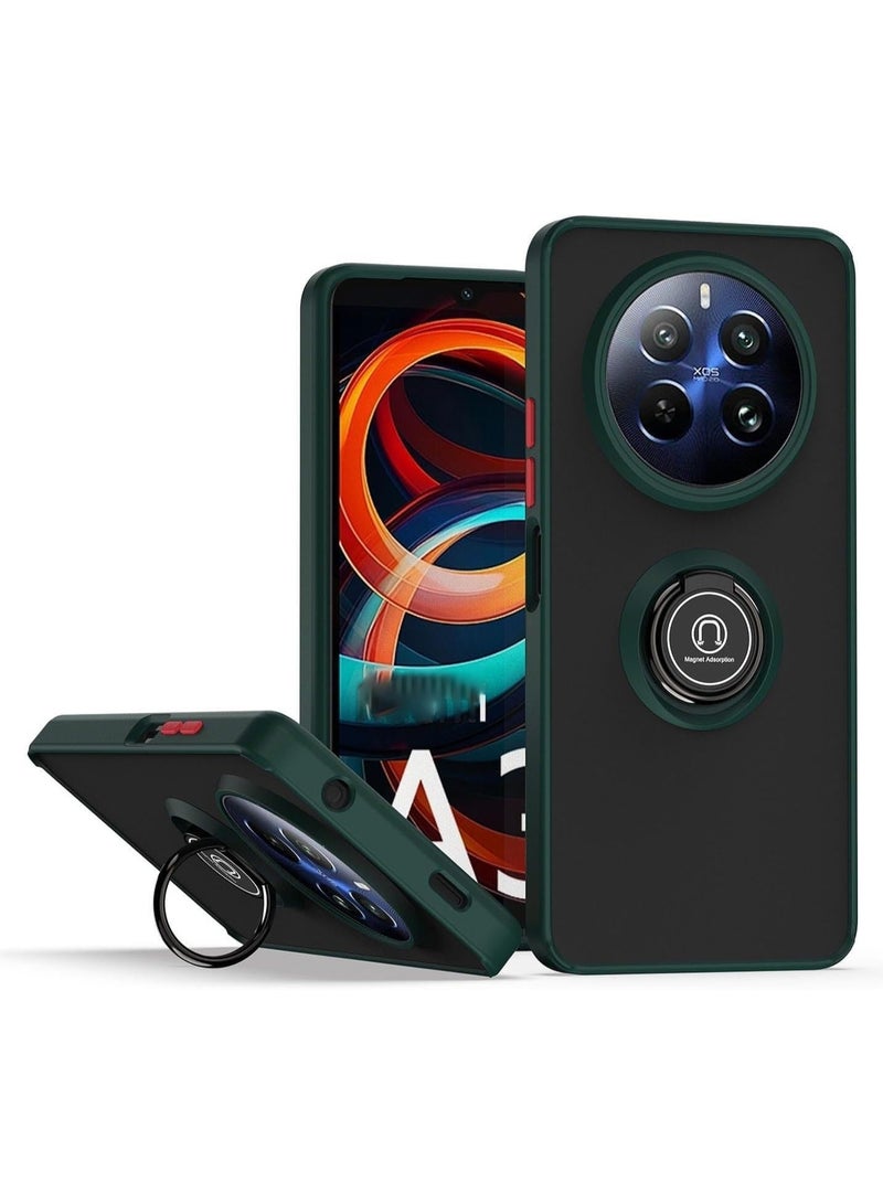 Muzz Realme 12 Pro/Pro+ Case With Metal Ring Holder, Grip Kickstand, Car Magnetic Mount - Shockproof Matte Hard Back Bumper Green