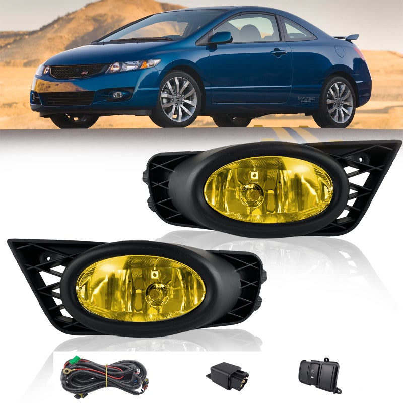 Fog Lights Assembly Replacement for 2009 2010 2011 Honda Civic Sedan Front Bumper Driving Fog Lamps with Wire Harness for Passenger and Driver Side Amber Lens