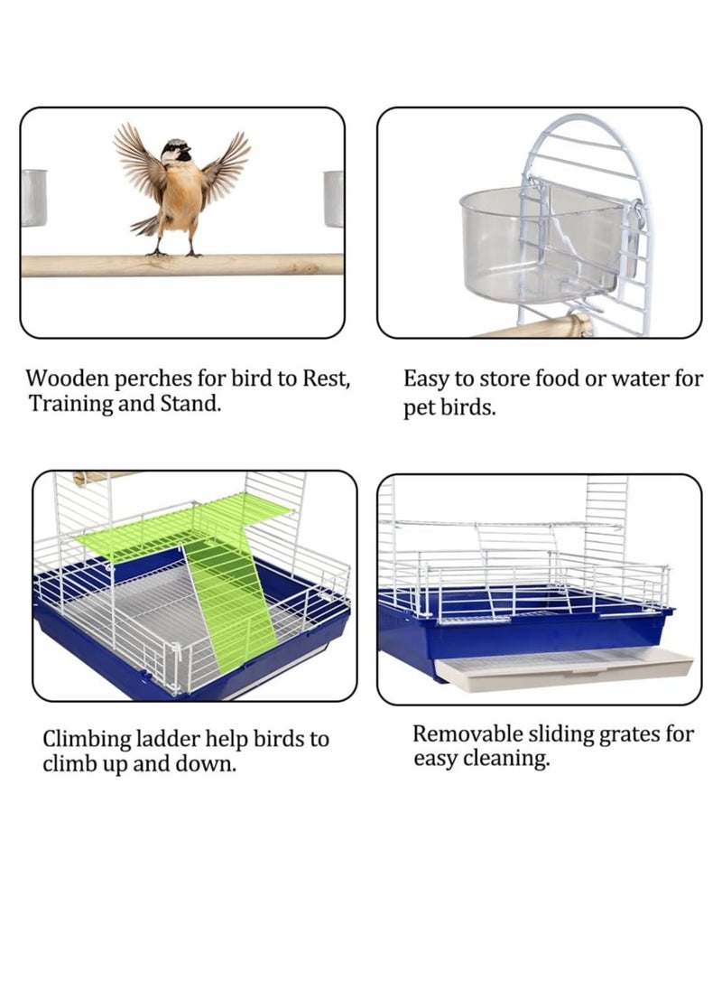 NNC PETS Bird stand for small to medium-sized birds, Interactive bird playground with Wooden perch, Plastic feeding cups, Climbing ladder, and Slide-out tray, Ideal for indoor and outdoor 46 cm (Blue)  - Image 3