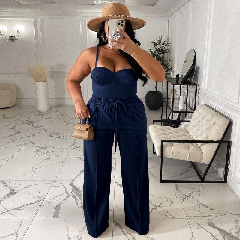 Tycorwd Women's Plus Size Casual Wide Leg Pants High Waisted Drawstring Baggy Sweatpants Elastic Straight Leg Lounge Pants with Pockets Dark Blue 1XL - Image 4