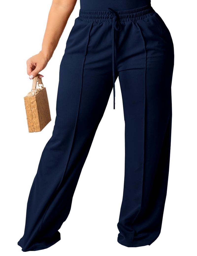 Tycorwd Women's Plus Size Casual Wide Leg Pants High Waisted Drawstring Baggy Sweatpants Elastic Straight Leg Lounge Pants with Pockets Dark Blue 1XL - Image 1