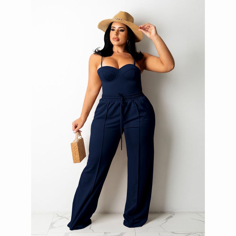 Tycorwd Women's Plus Size Casual Wide Leg Pants High Waisted Drawstring Baggy Sweatpants Elastic Straight Leg Lounge Pants with Pockets Dark Blue 1XL - Image 3