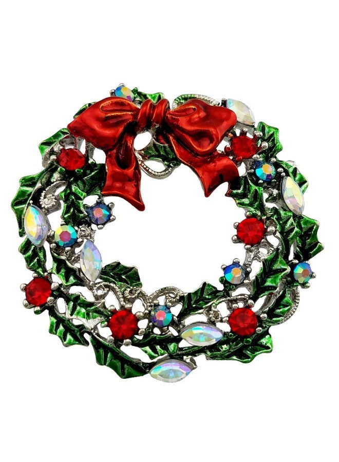SELOVO Silver Tone Wreath Green Red Austrian Crystal Round Brooch Pin - Image 1