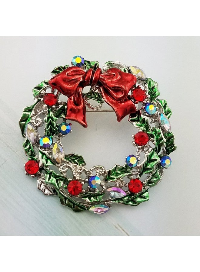 SELOVO Silver Tone Wreath Green Red Austrian Crystal Round Brooch Pin - Image 2