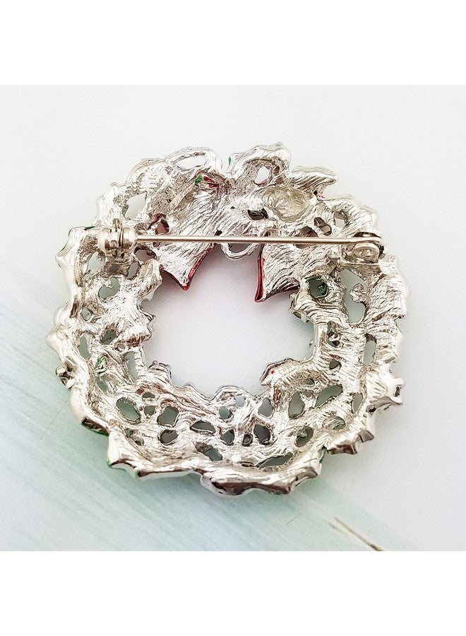 SELOVO Silver Tone Wreath Green Red Austrian Crystal Round Brooch Pin - Image 3