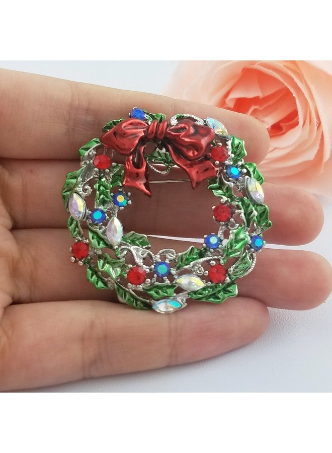 SELOVO Silver Tone Wreath Green Red Austrian Crystal Round Brooch Pin - Image 4