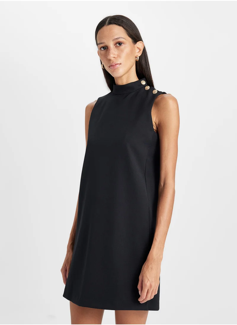 DeFacto Half Turtleneck Basic Sleeveless Mini Black Dress With Button Detail