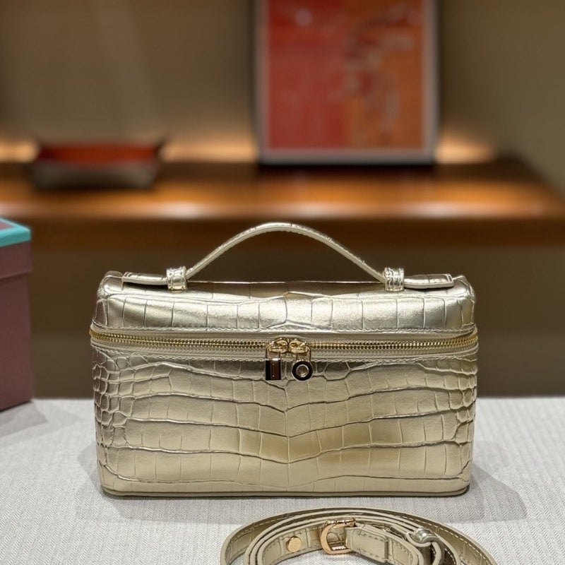 Luxury Loro Leather Croc-Ostrich Pattern LP27 Tote Gold 