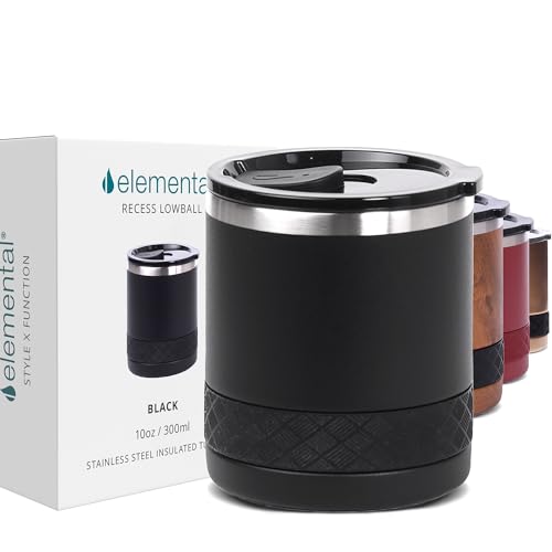 Elemental Recess Lowball Tumbler, 10oz Triple Wall Stainless Steel Cup with Non-Shattered Tritan Lid, Insulated Whiskey Glass, Insulated Coffee Tumbler Mug for Hot & Cold Drinks - Black - Image 1