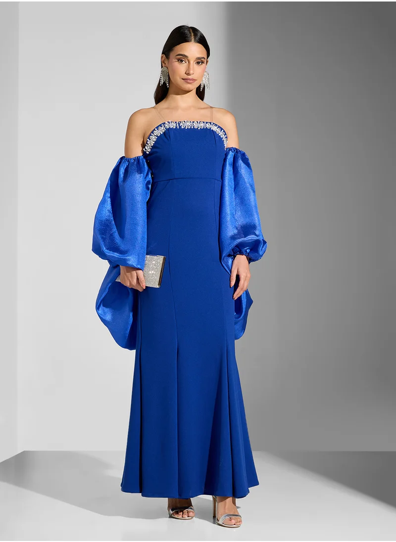 Namshi x Mermaid Cut Dress With Embellished Neck & Removable Cape