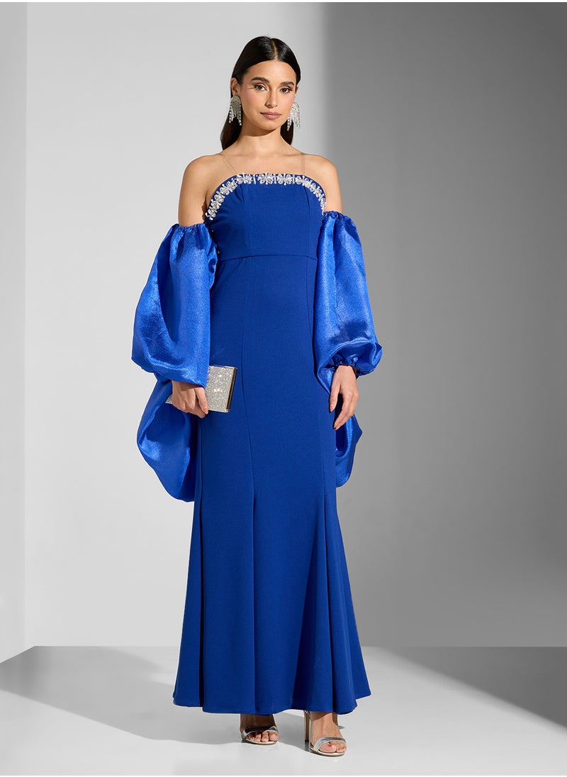 Namshi x Mermaid Cut Dress With Embellished Neck & Removable Cape  - Image 1