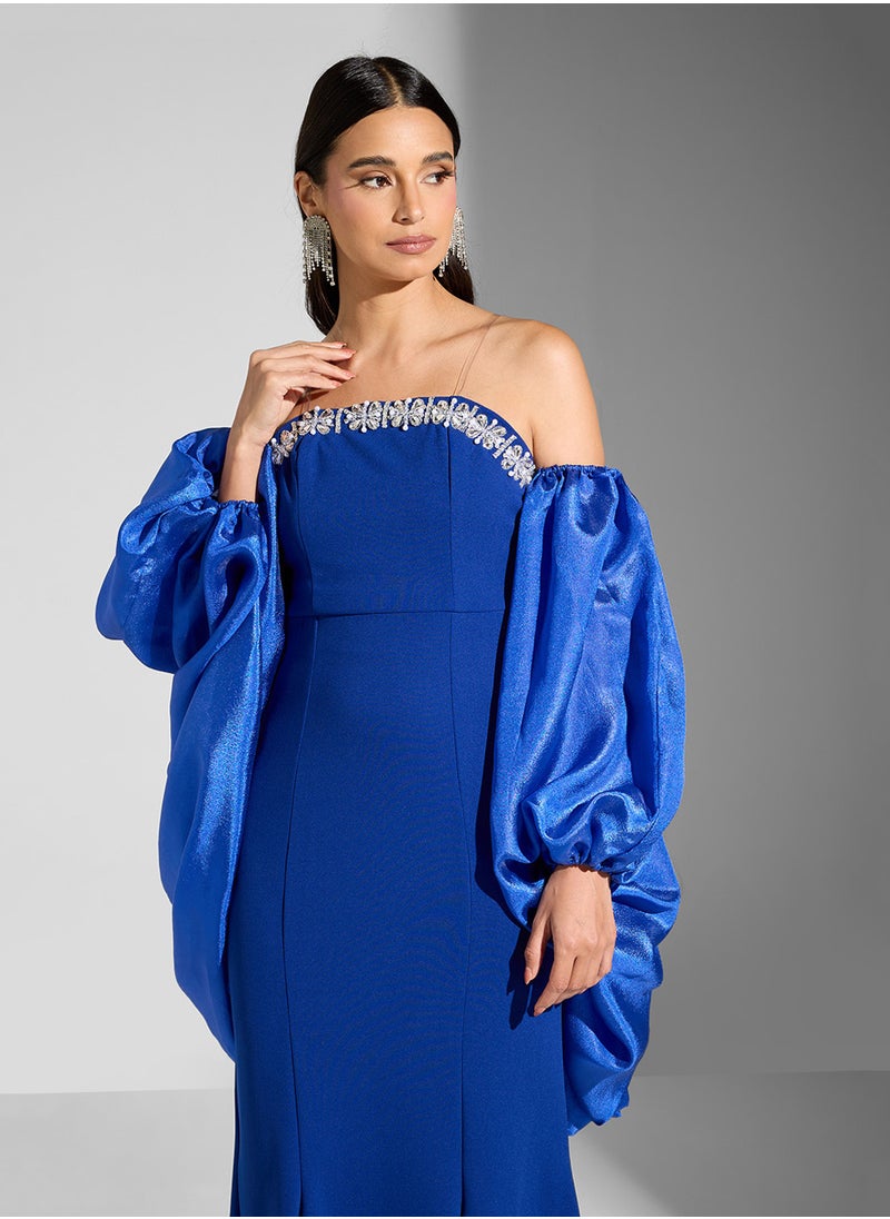 Namshi x Mermaid Cut Dress With Embellished Neck & Removable Cape  - Image 3