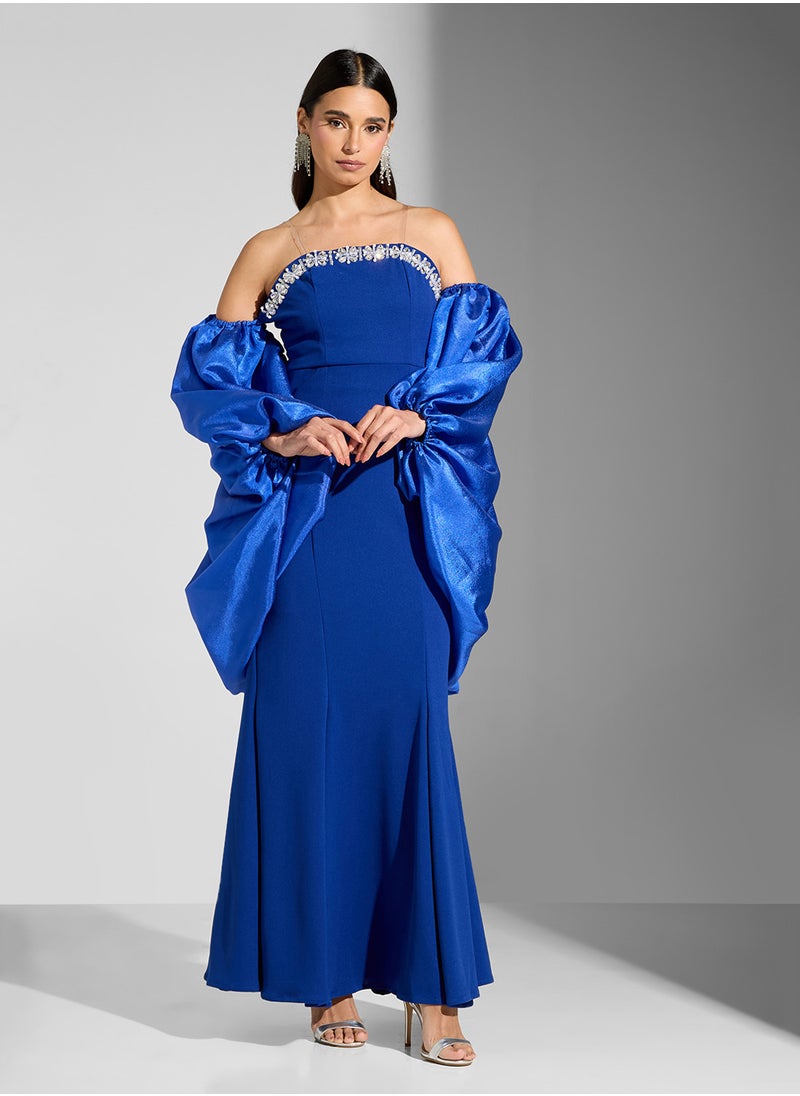 Namshi x Mermaid Cut Dress With Embellished Neck & Removable Cape  - Image 5