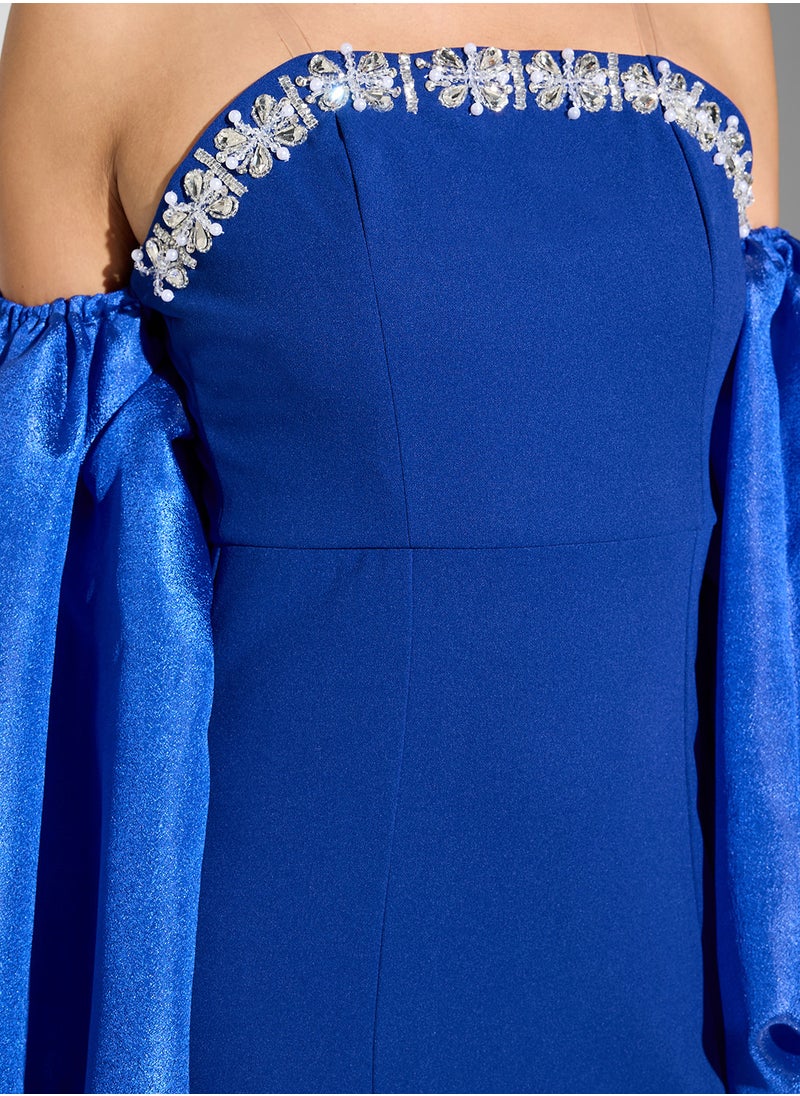 Namshi x Mermaid Cut Dress With Embellished Neck & Removable Cape  - Image 4