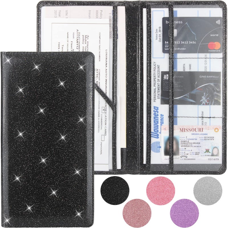 Bodskad Car Registration and Insurance Holder Premium Leather Insurance and Registration Holdervehicle Glove Box Car Organizer with Magnetic Shut for Cards Driver License Glitter Black - Image 2