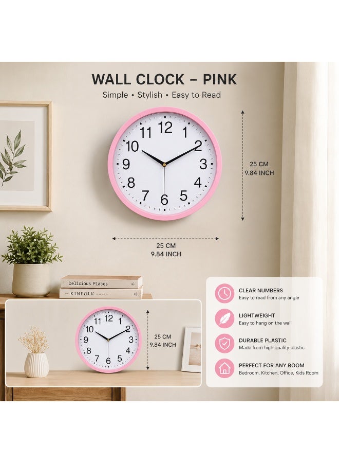 Classic Round Wall Clock, Pink Color, 25 X 25 Cm, Plastic Material - Image 2