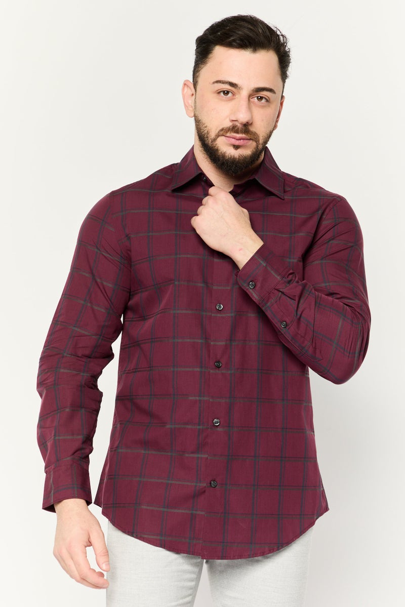 PERRY ELLIS قميص رجالي عادي بقصة مريحة بنمط شبكة بأكمام طويلة، مارون - Image 1