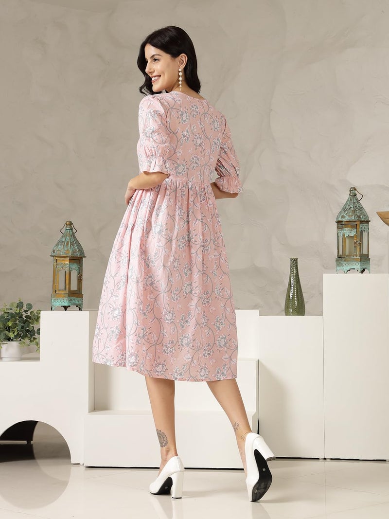 Stylum Women's Pestal Pink Ethnic Printed Cotton Flared Dress (Medium) - Image 2