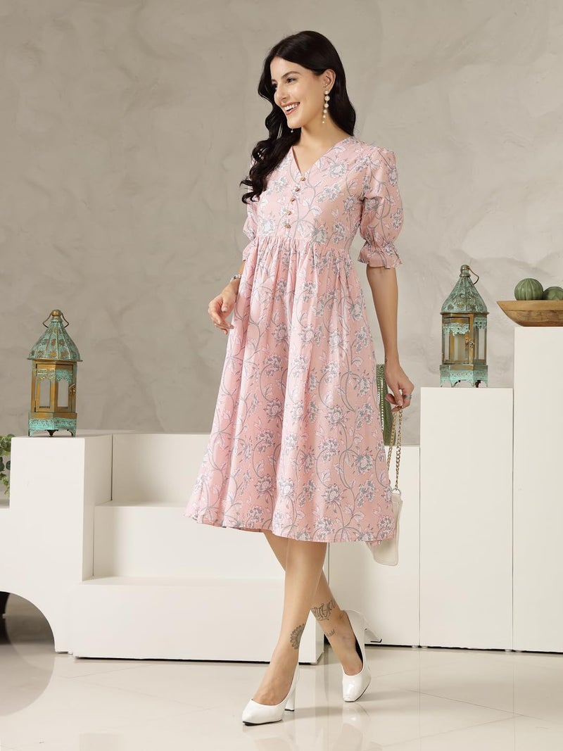 Stylum Women's Pestal Pink Ethnic Printed Cotton Flared Dress (Medium) - Image 5