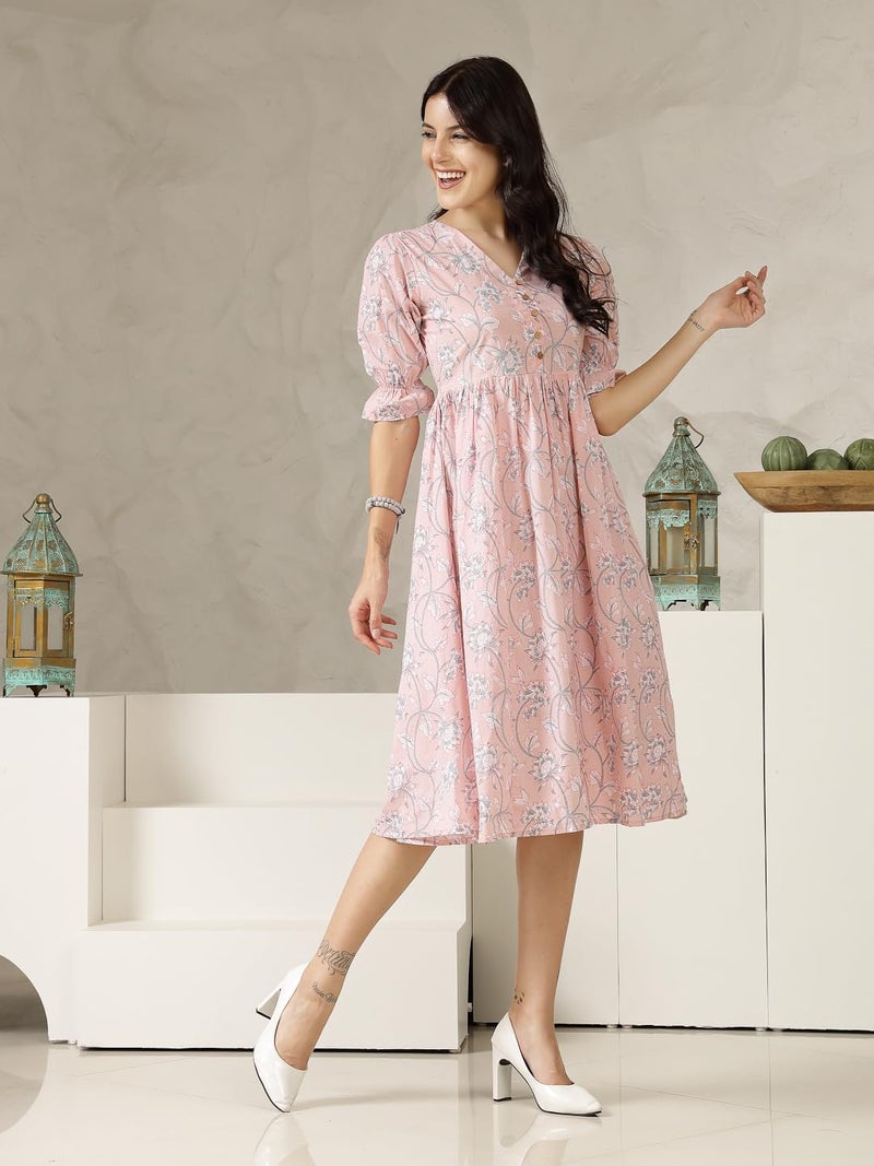 Stylum Women's Pestal Pink Ethnic Printed Cotton Flared Dress (Medium) - Image 3