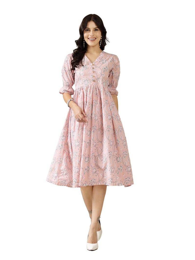 Stylum Women's Pestal Pink Ethnic Printed Cotton Flared Dress (Medium) - Image 1