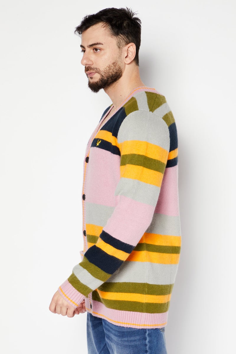 Lyle & Scott Men V-Neck Long Sleeve Embroidered Logo Sweater, Pink Combo - Image 4