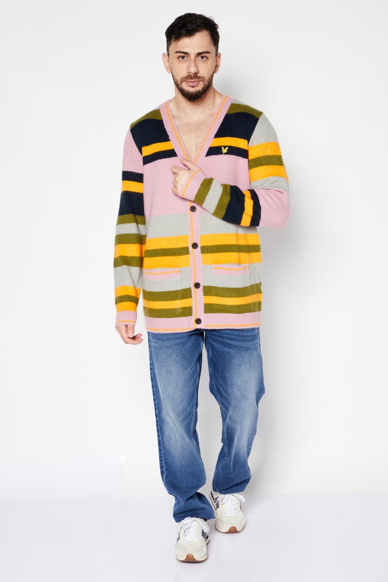 Lyle & Scott Men V-Neck Long Sleeve Embroidered Logo Sweater, Pink Combo - Image 3