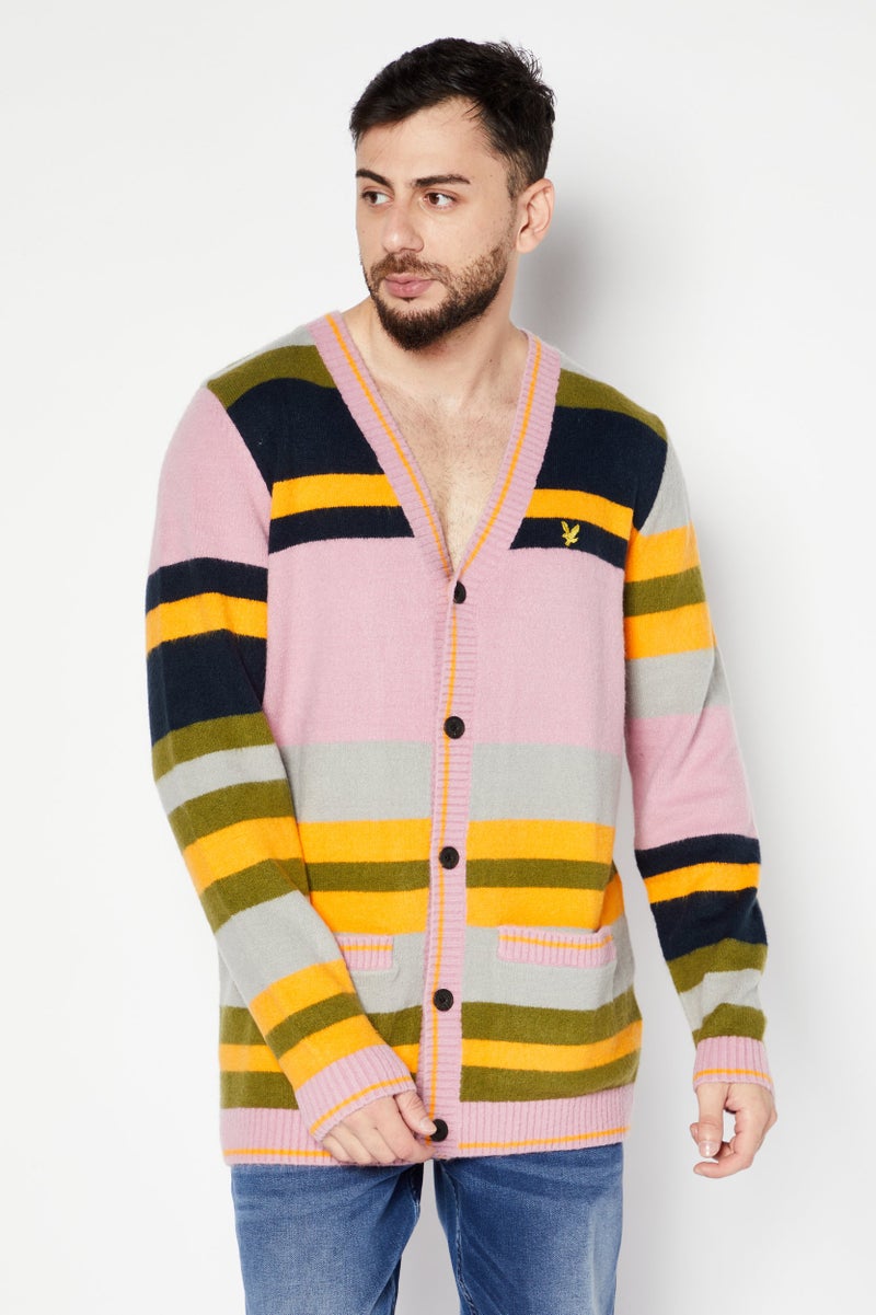Lyle & Scott Men V-Neck Long Sleeve Embroidered Logo Sweater, Pink Combo - Image 1
