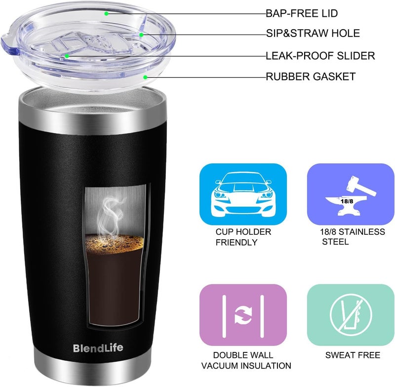 BlendLife Insulated Tumbler with Lid & Reusable Straw | 600ml Stainless Steel Double-Wall Vacuum Travel Mug | Keeps Drinks Hot or ICY Cold for Hours | Durable, Stylish Coffee & Beverage Mug | Black - Image 4