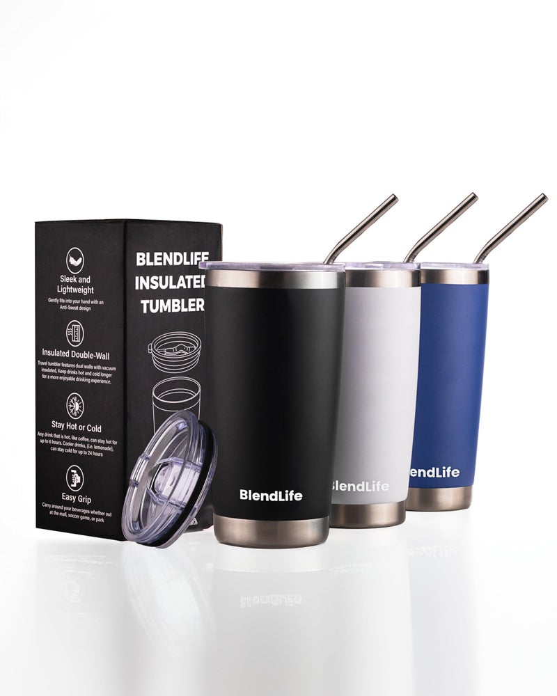 BlendLife Insulated Tumbler with Lid & Reusable Straw | 600ml Stainless Steel Double-Wall Vacuum Travel Mug | Keeps Drinks Hot or ICY Cold for Hours | Durable, Stylish Coffee & Beverage Mug | Black - Image 2