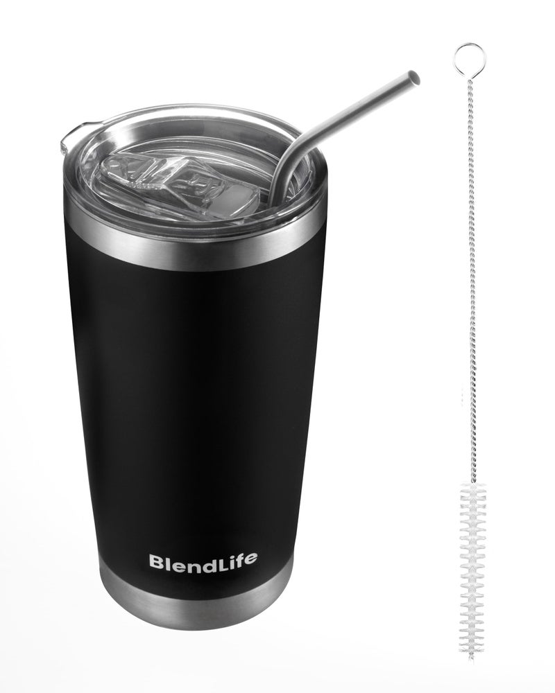 BlendLife Insulated Tumbler with Lid & Reusable Straw | 600ml Stainless Steel Double-Wall Vacuum Travel Mug | Keeps Drinks Hot or ICY Cold for Hours | Durable, Stylish Coffee & Beverage Mug | Black - Image 1