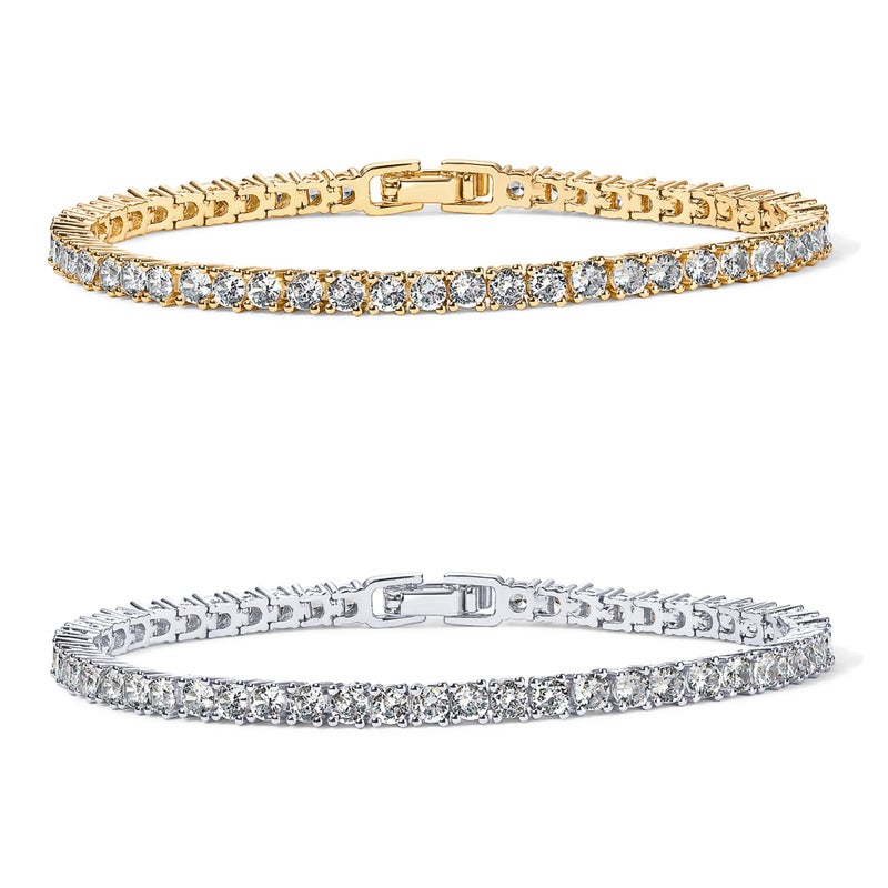 PAVOI Tennis Bracelets for Women - 14K Yellow Gold and Rhodium Plated 3mm Cubic Zirconia Classic Gold Tennis Bracelets for Women and Men - Trendy Mixed Metals CZ Jewelry Gifts - Size 7 Inches - Image 1