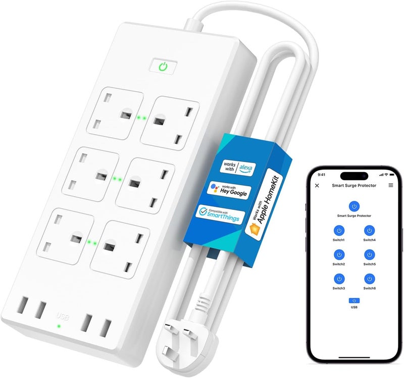 Meross Smart Power Strip, 6 AC Outlets 4 USB Ports WIFI Extension Lead, Compatible with Apple Homekit SmartThings Alexa Google Home, Voice/Remote Control Surge Protector, 2.4GHz WiFi, 6ft Cord Long - Image 1